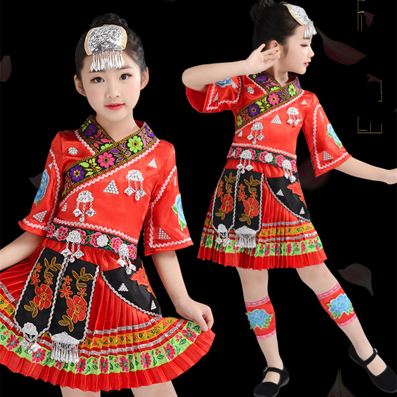 레드 페스티벌 미아오 의류 어린이를위한 중국 소수 무대 의류 새해 댄스 의상 복고풍 스타일 의류